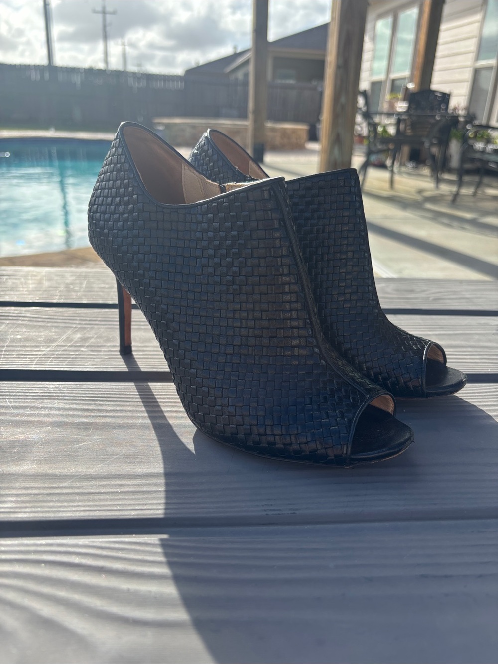 Black Woven Leather Peep-Toe High Heel  | Cole Haan | size 7 1/2